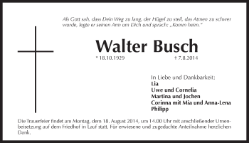 Traueranzeige von Walter Busch von Pegnitz-Zeitung
